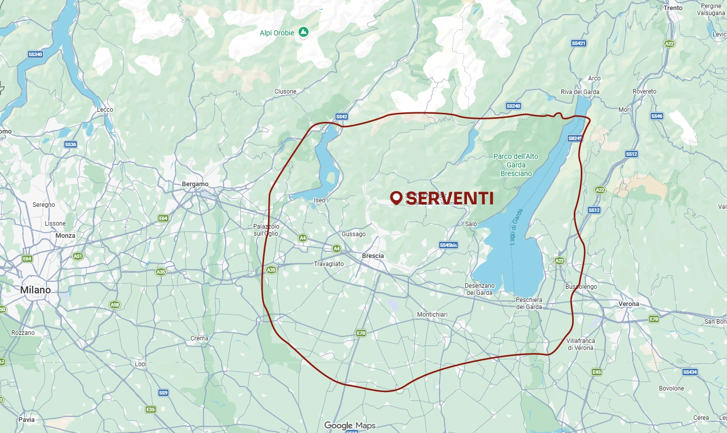 Mappa delle zone in cui Serventi esegue tinteggiature da Lumezzane a Brescia, al Lago di Garda e al Lago d'Iseo